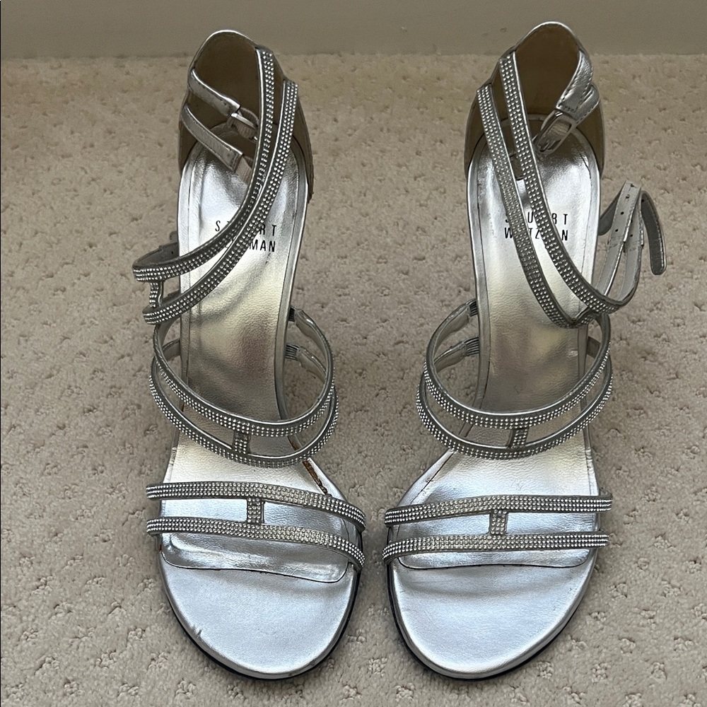 Stuart Weitzman Silver Crystal-Strap Evening Heels